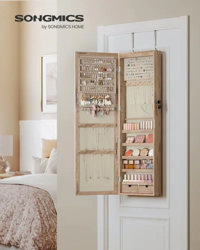 Vista 2 de SONGMICS Armario de joyería con espejo de 6 LED, 47.2 pulgadas de alto con cerradura para pared o puerta, organizador de joyas con espejo, 2