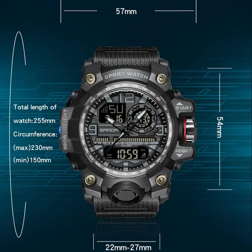 Vista 5 de WISHFAN Reloj militar para hombre, de doble pantalla, impermeable, deportivo, digital, muñeca grande, con alarma