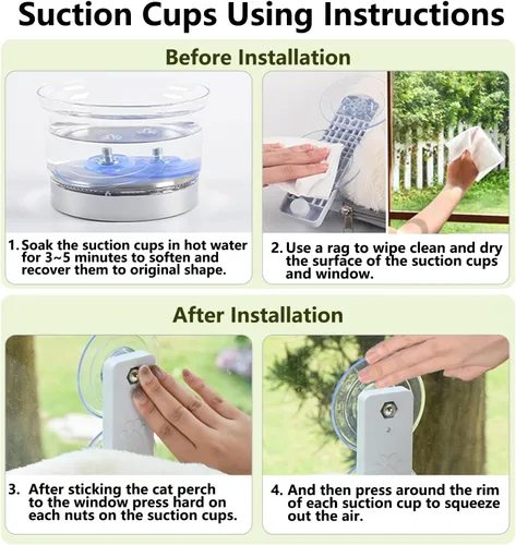 Vista 3 de AMOSIJOY Percha de Ventana Inalámbrica para Gato, Hamaca para Gato para Pared con 4 Ventosas, Ancla y Tornillo para Dos Formas de Instalación