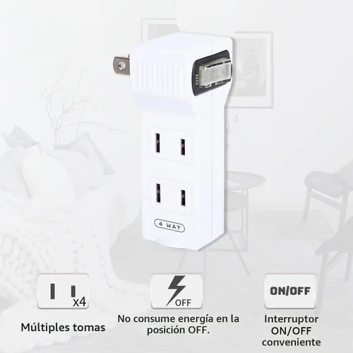 Vista 2 de SYCON Adaptador de pared de 4 tomas con interruptor de alimentación y luz nocturna, adaptador extensor de 2 clavijas con 4 tomas de corriente