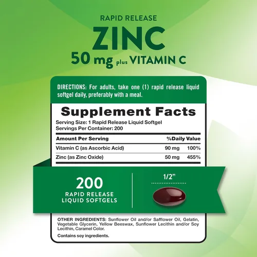 Vista 2 de Nature's Truth - Suplemento de zinc de 50 mg con vitamina C 200 cápsulas blandas líquidas Sin OMG y sin gluten