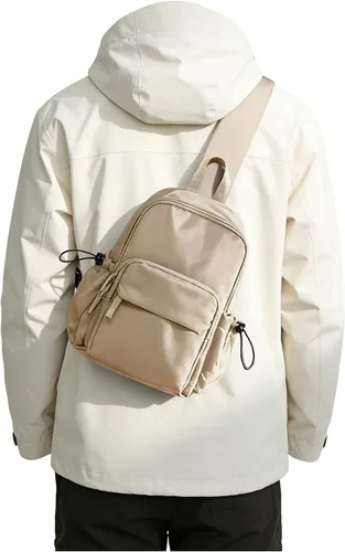 Vista 16 de SEAFEW Small Beige Sling Backpack Travel Hiking Daypack, Crossbody Sling Bag with USB Charging Port for Men Women 3 Layer Pockets One Shoulder Bag