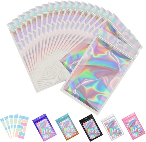 Vista 16 de Paquete de 100 bolsas de Mylar con ventana transparente, holográficas, a prueba de olores, para pequeñas empresas, bolsas resellables