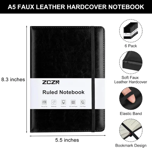 Vista 2 de ZCZN Cuadernos de Diario Forrados para Trabajo, 14x21 cm, 192 Páginas, Cuadernos de Cuero de Tapa Dura A5 para Escritura, Diario y Viaje, Cuadernos