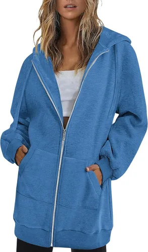 Vista 2 de Juebong Sudaderas con capucha de moda para mujer, color liso, con cremallera, con bolsillos, abrigos de otoño, chaqueta de manga larga con capucha