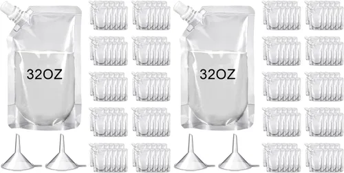 Vista 15 de 100 bolsas de plástico reutilizables a granel, bolsas de plástico transparente a prueba de fugas para jugos con embudo para suministros de fiesta