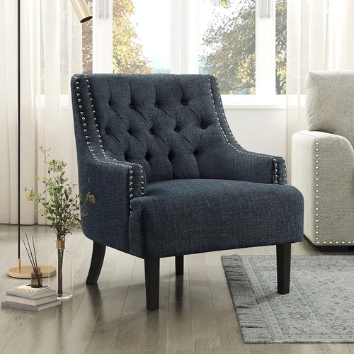Vista 10 de Lexicon Silla decorativa de lectura, cómoda para dormitorio, sillón tapizado con marco de madera maciza, ribete de cabeza de uñas copetudo, sofá