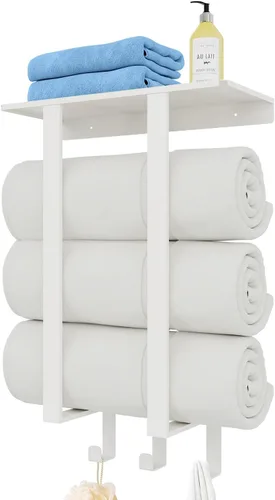 Vista 14 de Toalleros para baño, toallero con estante y 3 ganchos, soportes de almacenamiento de toallas de pared para toallas de baño enrolladas, color negro