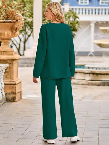 Vista 3 de MEROKEETY Conjunto de 2 piezas para mujer, de manga larga, con botones, suéter y pantalones, conjuntos de descanso