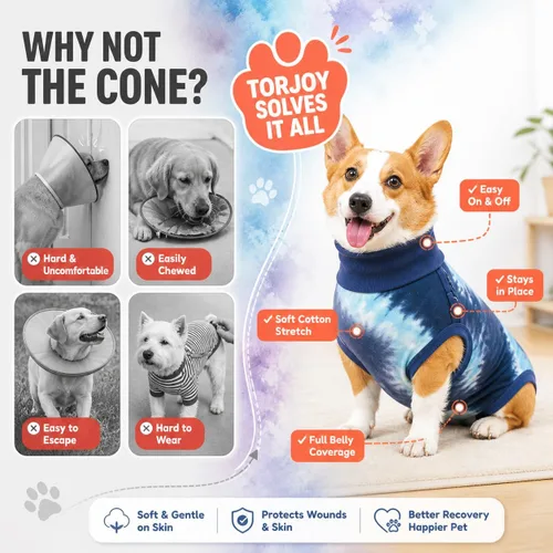 Vista 3 de Traje de recuperación transpirable para perros macho/hembra, mameluco de perro de tie dye azul para heridas abdominales, alternativa a cono y collar