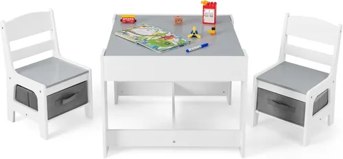 Vista 11 de HONEY JOY Mesa y sillas para niños, juego de actividades de madera 4 en 1 para niños con libreros dobles, almacenamiento, tablero desmontable