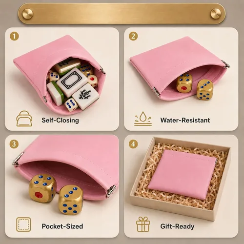Vista 3 de Mahjong - Juego de dados, bolsa de poliuretano rosa con 2 dados