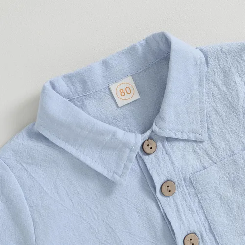 Vista 4 de AEEMCEM Conjunto de 2 piezas de camisa y pantalones cortos de algodón de lino de algodón de color liso para niños pequeños