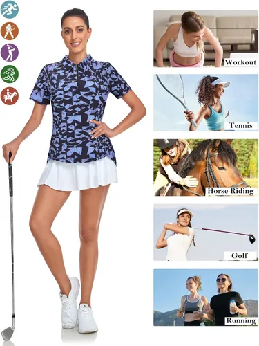 Vista 5 de Tanst Sky Polo de golf para mujer, manga corta, con cremallera de un cuarto, absorbe la humedad