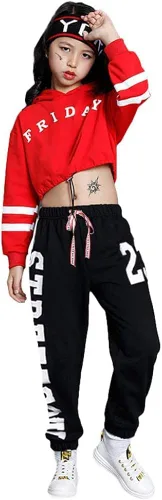 Vista 2 de Conjunto de 2 piezas para niñas, ropa de baile hip hop, sudadera con capucha recortada, pantalones deportivos, ropa de baile, Chándal.