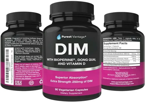 Vista 4 de Suplemento DIM puro de 250 mg de diindolilmetano más BioPerine y Dong Quai - Apoyo al equilibrio hormonal para mujeres y hombres, apoyo