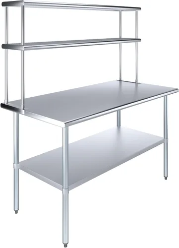 Vista 8 de Mesa de trabajo de acero inoxidable resistente aprobada por la NSF con estante inferior ajustable para cocinas, cuartos de servicio, almacenamiento