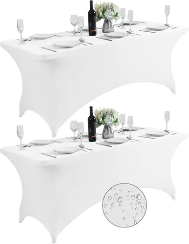 Vista 14 de SuperO - Paquete de 2 manteles de elastano impermeables para mesas de 6 pies, mantel elástico universal ajustable para fiestas, banquetes, bodas