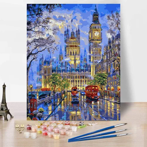 Vista 2 de TUMOVO Big Ben Kit de pintura por números para adultos, kit de pintura por números por números, pintura de calle Londres por números para adultos