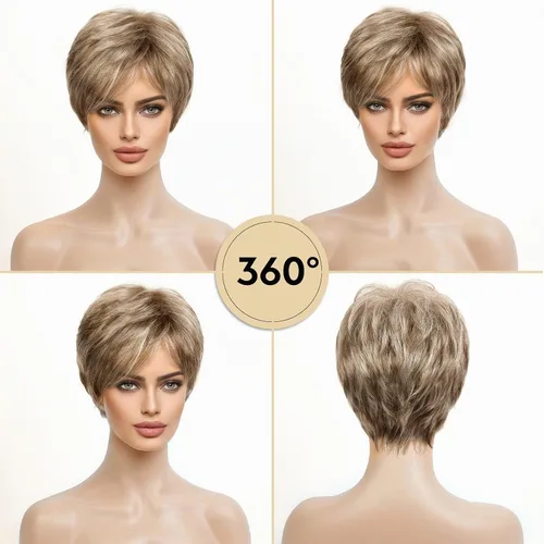 Vista 7 de HAIRCUBE Pelucas cortas de corte Pixie con textura de cabello humano para mujeres con flequillo pelucas sintéticas de repuesto - #17/101