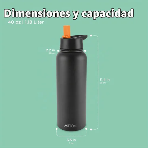 Vista 7 de Milton Botella de agua aislada de 40 onzas con 4 tapas a prueba de fugas, termo aislado al vacío de doble pared de acero inoxidable, 12 horas