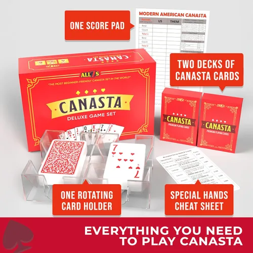 Vista 3 de All7s Juego de Canasta de Lujo - Juego de Cartas Clásico para Adultos y Personas Mayores - Cartas de Letra Grande, Bandeja Giratoria y Bloc
