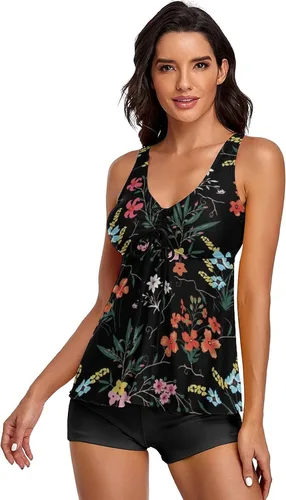 Vista 4 de Omichic Modest Tankini Swimsuits for Women Two Piece Bathing Suits Floral Print Tank Top with Boyshorts