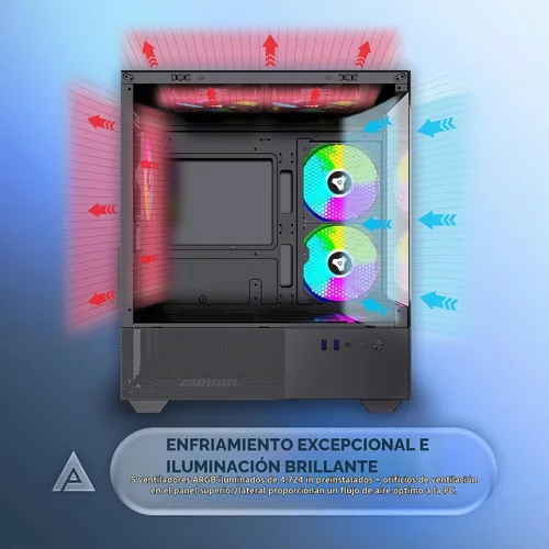 Vista 4 de Apevia Phantom-BK Phantom Micro-ATX Carcasa de PC de Juegos de Cámara Dual con 5X 120mm Ventiladores ARGB, 366 Modos RGB, Paneles de Vidrio Templado