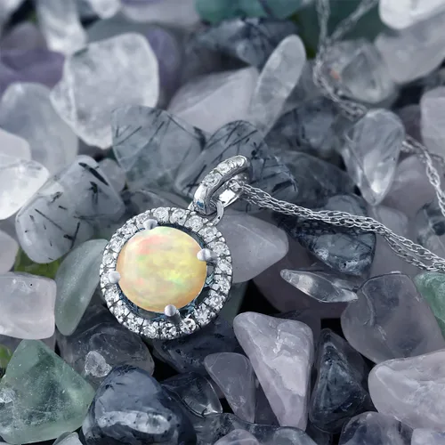 Vista 2 de 0,73Ct Cabujón redondo blanco de Etiopía Ópalo Blanco Diamante 14K Colgante De Oro Blanco