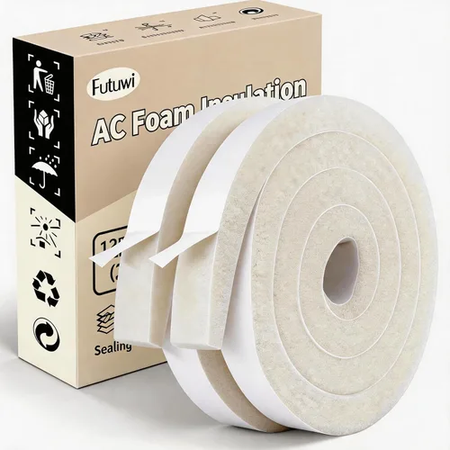 Vista 10 de Espuma de aire acondicionado, 2 rollos, 1 pulgada de ancho x 1 pulgada de grosor, total de 13 pies de largo, tiras de espuma con adhesivo para Negro