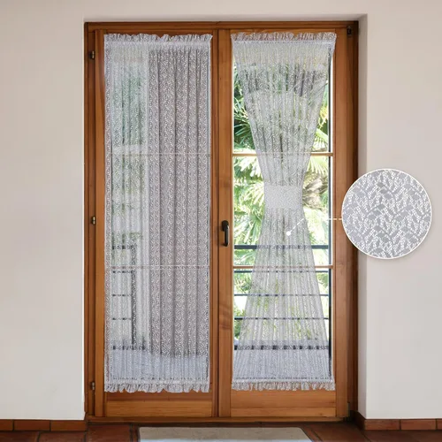 Vista 8 de Juego de 2 cortinas traslúcidas blancas para puerta francesa, 25 x 72 pulgadas, cortinas de gasa de encaje con ramas y hojas botánicas para patio