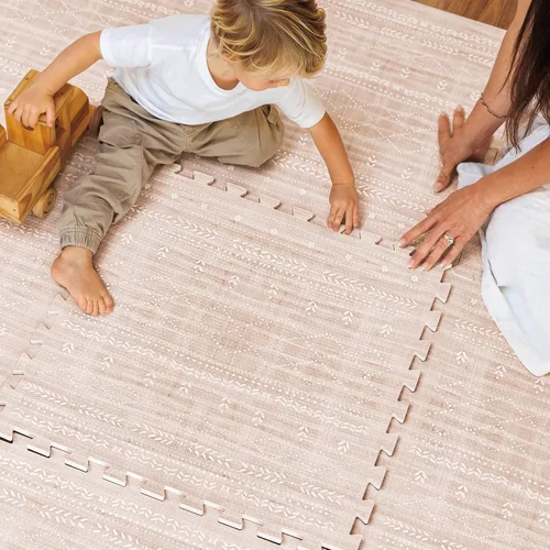 Vista 17 de Alfombra de juego Lillefolk para bebés para el piso – 4x6 pies Beige Azulejos suaves de espuma EVA no tóxicos premium para tiempo de barriga