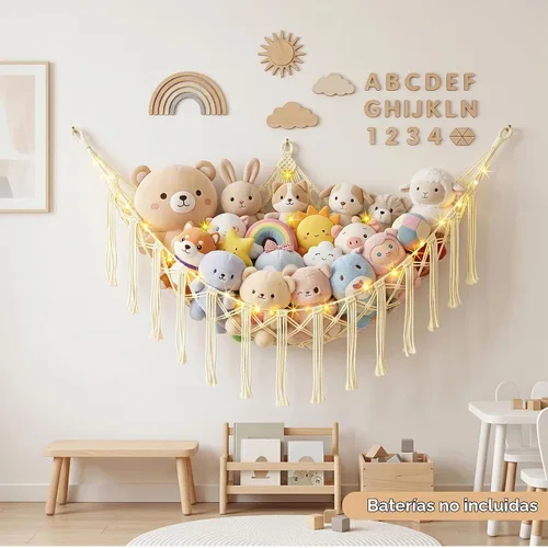 Vista 7 de Basumee Hamaca de animales de peluche con red de esquina de luz LED Crema