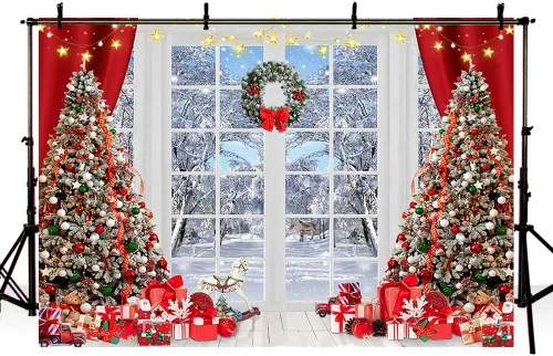 Vista 4 de AIBIIN Telón de fondo de Navidad de invierno de 7 x 5 pies, para fotografía, árbol de Navidad, regalo de Feliz Navidad, pancarta del país