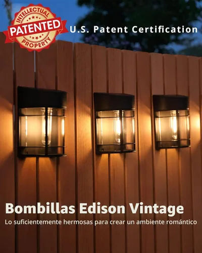 Vista 2 de Luces solares para cercas al aire libre, paquete de 8 luces de cubierta alimentadas por energía solar con bombillas LED Edison, luces solares Negro