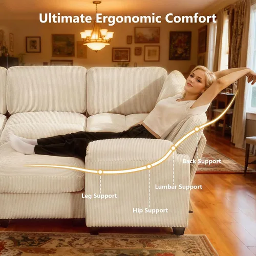 Vista 4 de Sofá modular modular con otomana, sofá de pana de 3 plazas con 2 almohadas, sofá de asiento profundo en forma de L de 88.2 pulgadas con cojín Beige