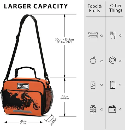 Vista 2 de Bolsa de almuerzo deportiva de motocross vintage personalizada para niños y niñas, bolsas de almuerzo personalizadas con tu nombre, lonchera aislada