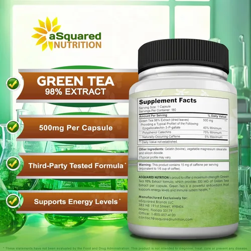 Vista 5 de Suplemento de extracto de té verde con EGCG – 180 cápsulas – Max Potency quemador de grasa de té verde 500 mg pastillas para pérdida