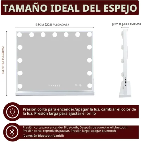 Vista 7 de VANITII - Espejo Hollywood con luces, altavoz con carga USB, espejo de maquillaje iluminado con bombillas, 3 modos de iluminación y espejo