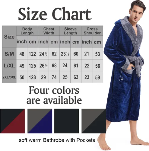 Vista 5 de Bata con capucha para hombre, bata de baño larga de felpa, acogedora y cálida, bata de spa con bolsillos