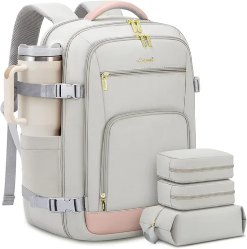 Vista 12 de LOVEVOOK Mochila de viaje para mujer y hombre, Beige, Mochilas de viaje