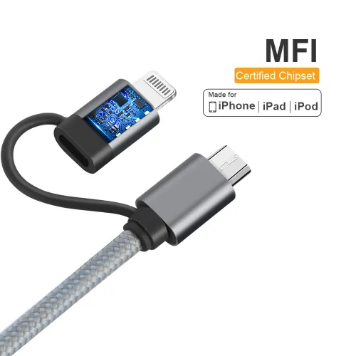 Vista 2 de [Certificación Apple MFi] 2-en-1 Lightning Cable de carga a USB con sincronización de datos, Lightning Micro USB 2-en-1 para iPhone 6 6S 6Plus iPad
