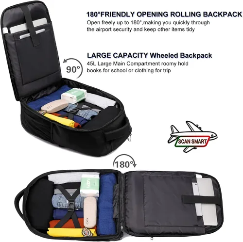 Vista 3 de Mochila con ruedas, mochila grande con ruedas para hombres, mujeres y adultos, mochila impermeable de 17 pulgadas para portátil de viaje, bolsa