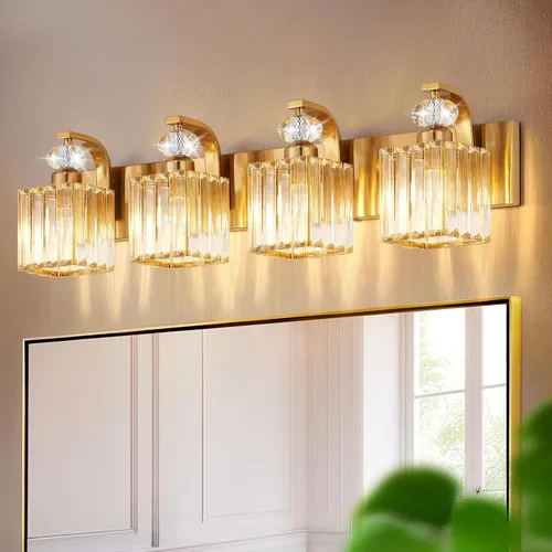 Vista 14 de Lámpara Moderna de Tocador de Baño, Luminarias de Baño de 4 Luces Negro Dorado Sobre Espejo, Aplique de Pared de Cristal de 28.4