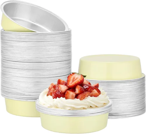 Vista 19 de Beasea Paquete de 100 moldes desechables para hornear de 4 pulgadas, 7.3 onzas, 7.3 fl oz / 215ml, papel de aluminio, mini ramequín sin tapas