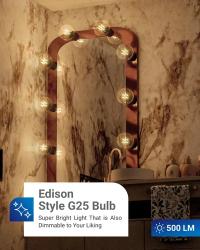 Vista 2 de Sunco paquete de 6 bombillas LED G25, globo Edison de filamento, bombilla de iluminación de tocador para baño y dormitorio, 500 lm, 5 W
