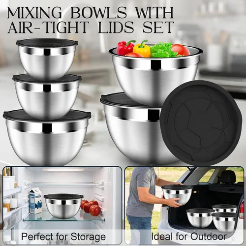 Vista 3 de DUTZUN Stainless Steel Mixing Bowls with Airtight Lids Set of 5, Black Best Kitchen Gifts for Mixing, Baking, Prep, Salads, Serving, Cooking