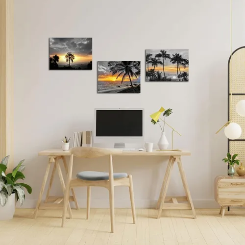 Vista 3 de HOMEOART Arte de pared de palmera, océano, playa, puesta de sol, paisaje, paisaje tropical, palmera, imagen, decoración de pared, obra de arte