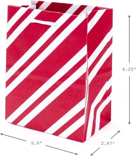 Vista 6 de Hallmark - Juego de bolsas de regalo pequeñas de 6 pulgadas para fiestas (paquete de 5; rojo, blanco y kraft) Copos de nieve, rayas, Feliz (5XGB1798)