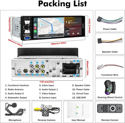 Vista 7 de Radio inalámbrica Apple CarPlay Android de 6.5 "con pantalla táctil DIN único FM/AM Car Stereo with Bluetooth 5.2,180W Audio,20-Band